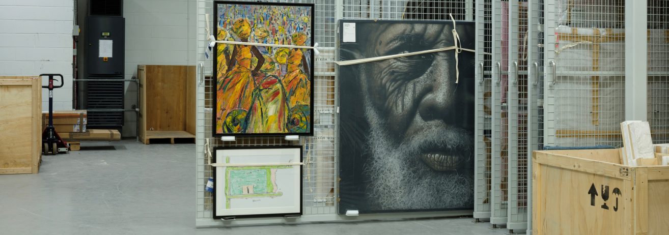 Fine art paintings in a secure and temperature controlled art storage facility